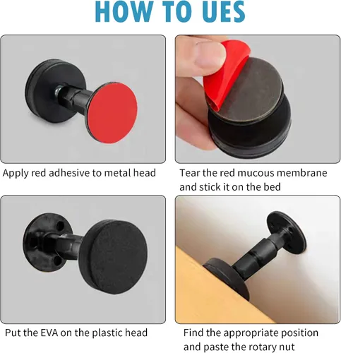 Miniatura 4 de 2 piezas de marco de cama ajustable negro anti-sacudidas, tapones de cabecera con almohadillas y tornillos para muebles, no más crujidos, protege