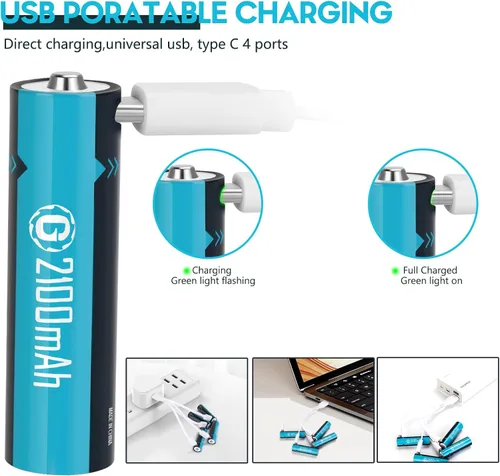 Miniatura 5 de Baterías de litio recargables USB de 1.5 V, tamaño AA, batería doble A de larga duración, 2100 mAh con cable de carga, paquete de 4