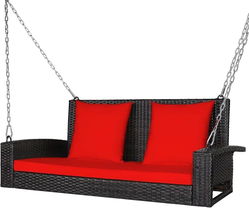 DORTALA Columpio colgante para porche, banco de mimbre para 2 personas con cojines, cadenas de acero de 7.9 pies para jardín, patio, terraza y Negro