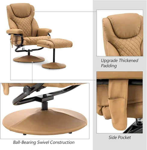 Miniatura 7 de Mcombo Sillón reclinable con otomano, silla reclinable con masaje, silla giratoria de 360 grados para sala de estar de piel sintética, 4901 (Cognac)