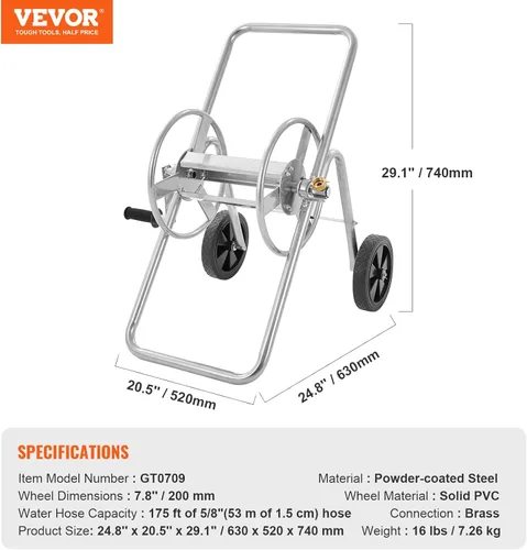 Miniatura 7 de VEVOR Carro de carrete de manguera, soporta hasta 175 pies de manguera de 5/8 pulgadas (manguera no incluida), carrito de manguera de agua