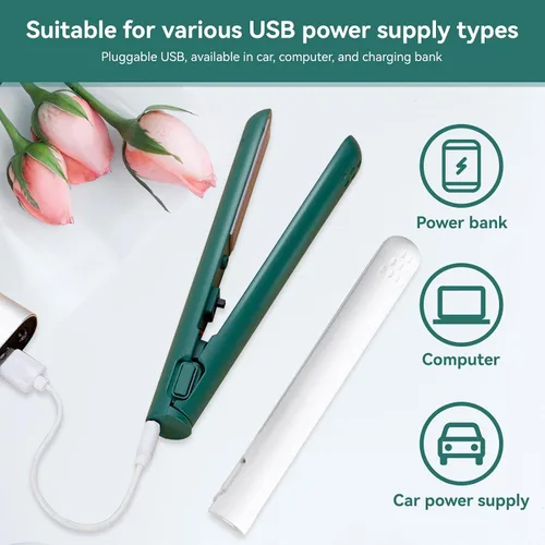 Miniatura 7 de Alisador y rizador de pelo 2 en 1, mini rizador de pelo USB de cerámica, calefacción inalámbrica, plancha plana (verde)
