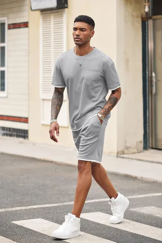 Miniatura 20 de COOFANDY Conjunto de camisa y pantalones cortos de gofre para hombre, conjunto de 2 piezas, conjunto casual de verano con bolsillos