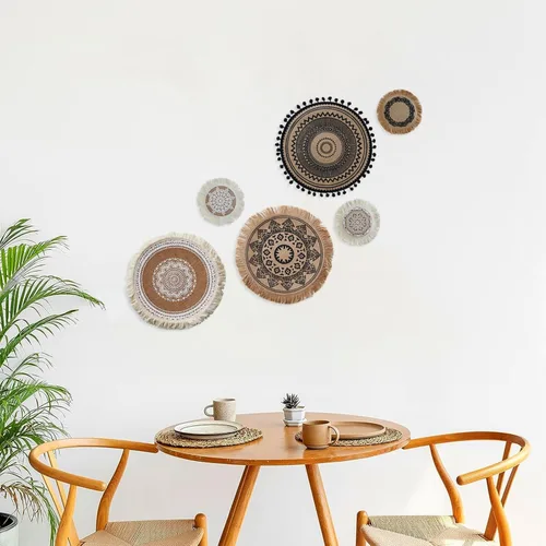 Miniatura 6 de LELE LIFE Juego de 6 decoraciones de pared de yute bohemio, macramé redondo y plano para colgar en la pared, arte de pared de mandala