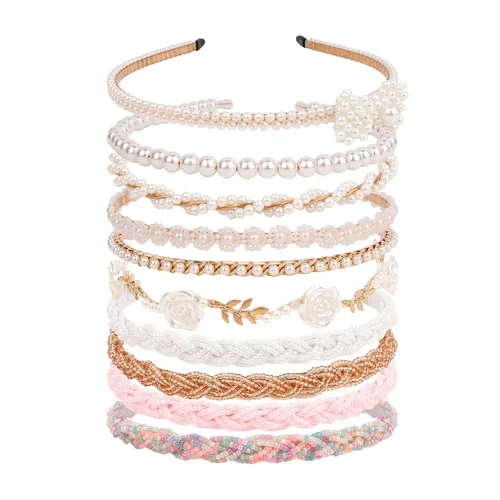 AMCAMI 10 diademas de metal con cuentas de perlas, lindas diademas antideslizantes para niñas y mujeres, accesorios para el cabello para niñas de