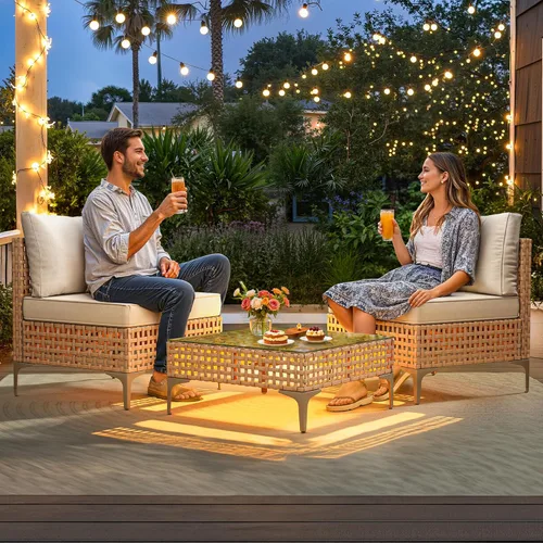 Miniatura 4 de YITAHOME Juego de muebles de mimbre para patio, sofá modular de 3 piezas para exteriores con mesa de luz solar, sofá para exteriores con cojines