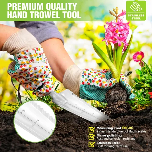 Miniatura 6 de WORKPRO Paleta de jardín con mango de madera, pala de mano estrecha de acero inoxidable, paleta de jardín plana multiusos para plantar, deshierbar