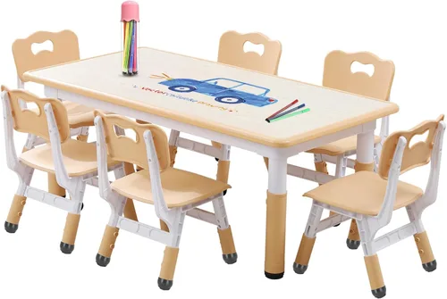 Miniatura 10 de Juego de Mesa y Silla para Niños Ajustable en Altura para Niños Pequeños y Juego de 6 Sillas con Escritorio a Prueba de Grafiti, Patas