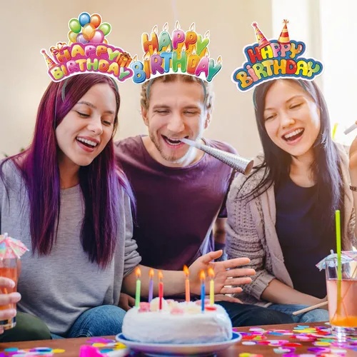 Miniatura 5 de KKBES Diademas de feliz cumpleaños, sombreros de papel para fiesta de cumpleaños, 3 patrones para niños y adultos que celebran cumpleaños