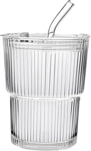 Vaso de vidrio de 13 oz/13.5 fl oz con popote y tapa, tazas verticales acanaladas para café helado, vaso de pared gruesa, vaso de agua