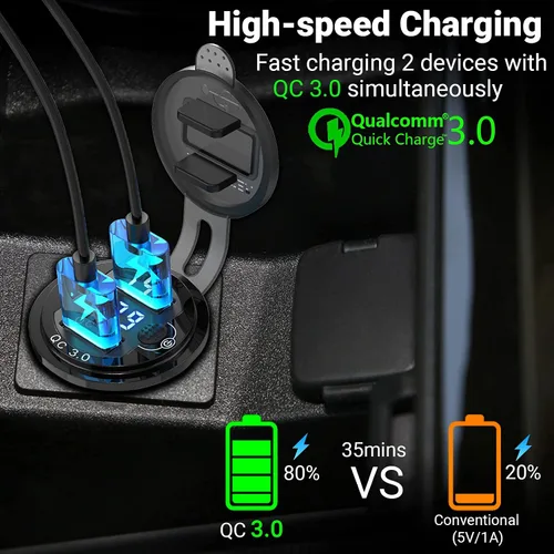 Miniatura 2 de Paquete de 2 salidas USB de 12 V, carga rápida dual 3.0, cargador de aluminio impermeable con voltímetro LED e interruptor de alimentación