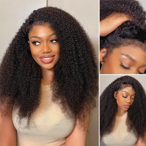 Miniatura 18 de Peluca negra Kinkycurly con borde 4C, cabello humano 4x4 HD encaje afro rizado cierre peluca para mujeres negras encaje precortado sin pegamento