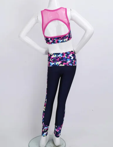 Miniatura 13 de JEATHA Conjunto de camiseta sin mangas con pantalones para niñas y niñas, para gimnasia, yoga, entrenamiento, ropa deportiva