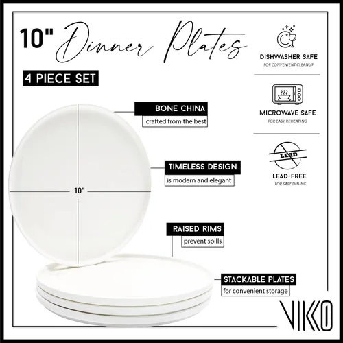 Miniatura 4 de Vikko Plato de ensalada, juego de 4 platos blancos, porcelana de hueso, platos llanos apilables de 10 pulgadas, apto para lavavajillas