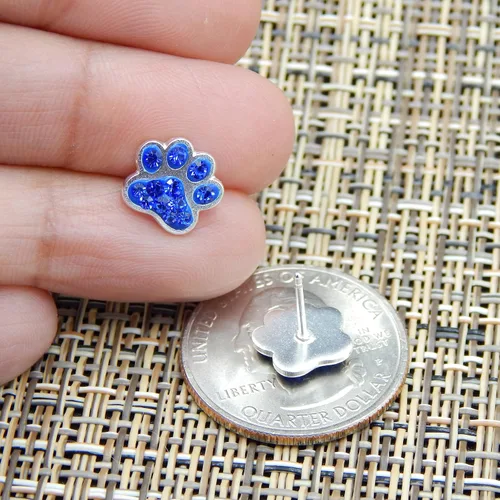 Miniatura 2 de Pendientes de botón de plata de ley 925 maciza con cristalesmalte con estampado de pata (elige tu color)