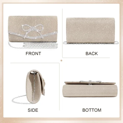 Miniatura 4 de Bolso de noche para mujer, bolsos de mano con lazo brillante, bolsa cruzada, bolsa de boda, fiesta de diamantes de imitación con purpurina
