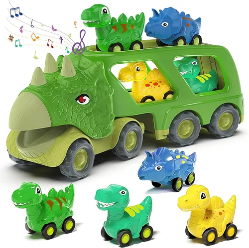 Veslier Coche de Juguete de Dinosaurio para Niños de 3, 4 y 5 Años, Camión Transportador con Energía de Fricción con Pack de 4 Coches Pequeños de