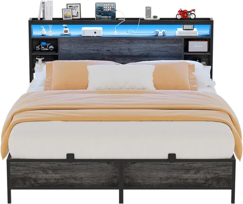 Miniatura 9 de Unikito Base de cama de tamaño individual con estación de carga y luz LED RGB, plataforma resistente con cabecera de almacenamiento, listones