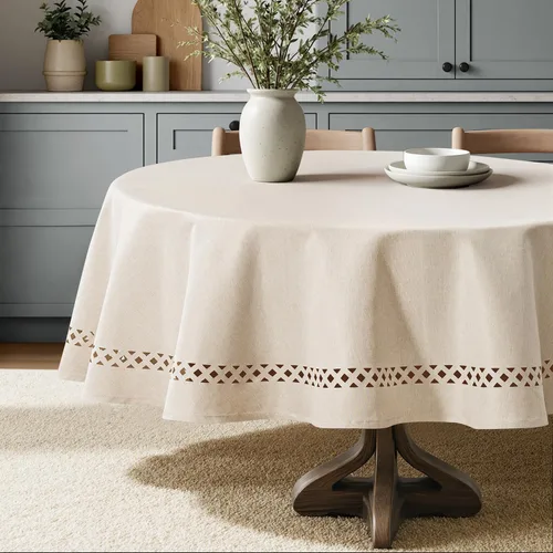 Miniatura 2 de MIULEE Mantel redondo de poliéster de lino beige con recortes decorativos, impermeable, resistente a las manchas y al encogimiento, 60 x 60