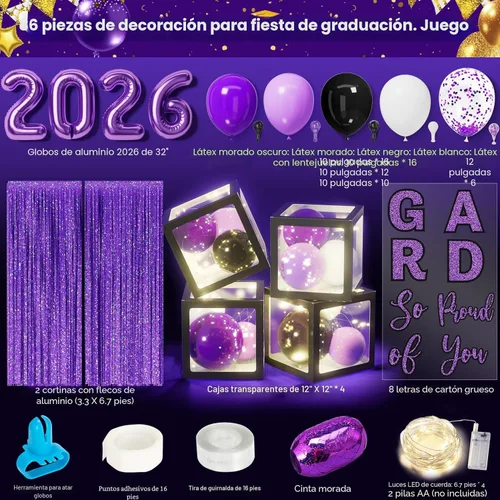 Miniatura 2 de Decoraciones de graduación 2026: 86 piezas de suministros de decoración para fiesta de graduación, incluye cuerdas de luz LED, cajas de bloque
