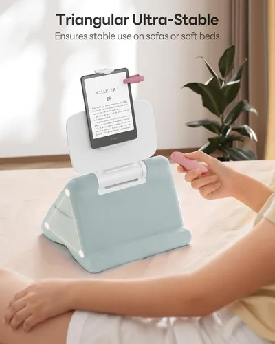 Miniatura 4 de SAIJI Soporte de almohada para tablet iPad mini soporte para Kindle para regazo en la cama, con elevador y clip multifunción ajustable en ángulo Azul