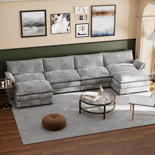 Miniatura 8 de Shahoo Sofá modular modular en forma de L de tela de felpilla con esponjas suaves y de alto apoyo y otomana extraíble, cómodo mueble tapizado