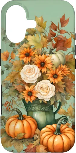 Vintage Autumn Flower Fall Pumpkin Teal Case for iPhone 17