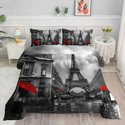 Datura home Juego de Ropa de Cama Edredón Escenario de Calle de París Torre Eiffel Patrón Estampado Juego de Ropa de Cama con 1 Edredón y 2 Fundas