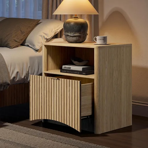 Miniatura 4 de Evermagin Mesita de noche acanalada, mesita de noche de roble natural con cajón y almacenamiento, mesa auxiliar de madera moderna de mediados