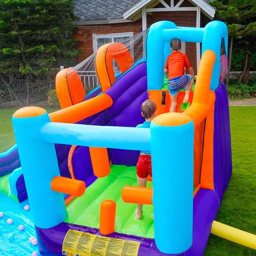 Miniatura 7 de Casa inflable de rebote de tobogán acuático para niños, casa inflable para patio trasero con tobogán acuático para regalo (ventilador incluido)