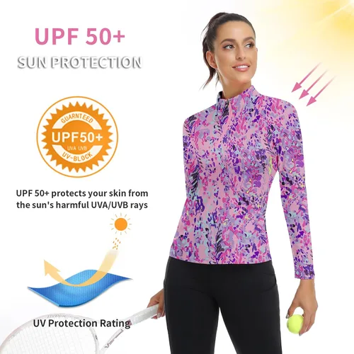 Miniatura 121 de WOWENY Camiseta deportiva de manga larga para mujer, con cremallera de un cuarto, cuello para entrenamiento, camiseta de tenis con estampado