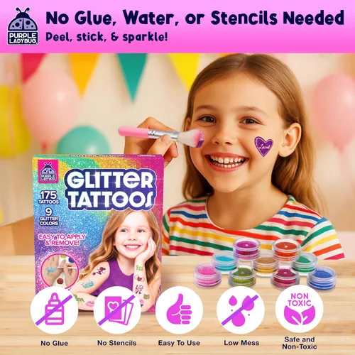 Miniatura 3 de PURPLE LADYBUG Tatuajes con purpurina para niños – Kit de tatuaje con purpurina de 175 diseños, tatuajes falsos temporales para niños, divertido