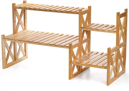 Lawei Soporte de bambú de 2 niveles para plantas de mesa, soporte ajustable para macetas, soporte de exhibición para macetas, estante pequeño para