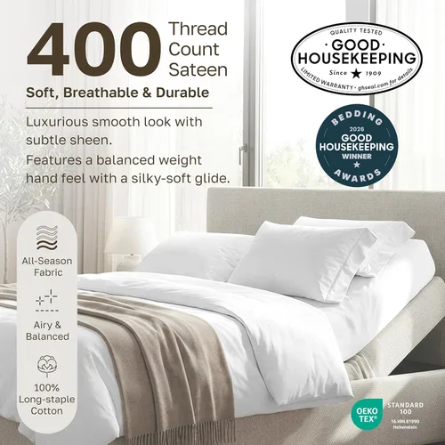 Miniatura 4 de Juego de sábanas split king para cama ajustable de 100% algodón natural satinado de 400 hilos, transpirables/duraderas, con esquinas 07 - Gris claro
