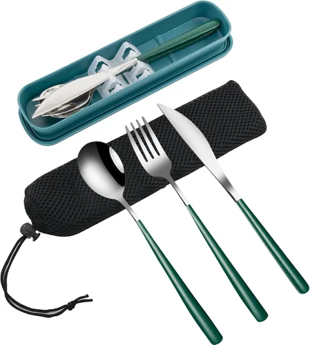 Miniatura 9 de VANRA Juego de utensilios de viaje portátiles de 3 piezas con estuche, juego de cubiertos de acero inoxidable 18/8, juego de cubiertos reutilizables