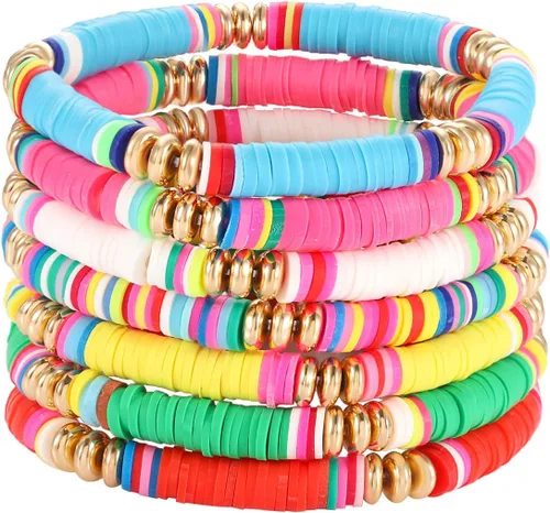Miniatura 57 de Surfer Heishi - Pulseras apilables para mujer, apilables, de vinilo arcoíris, disco de arcilla, pulseras elásticas para la amistad, joyería bohemia