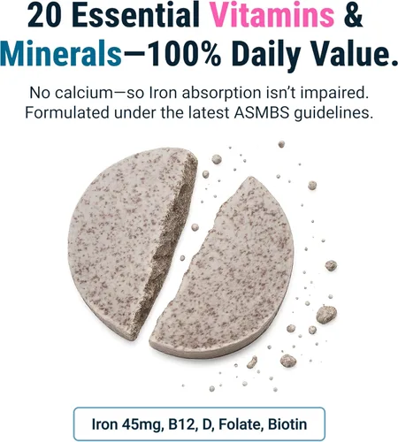 Miniatura 4 de BariatricPal Multivitamínico UNO 1 por día! Multivitamínico bariátrico masticable con 45 mg de hierro Cítrico naranja Vitamina para pacientes
