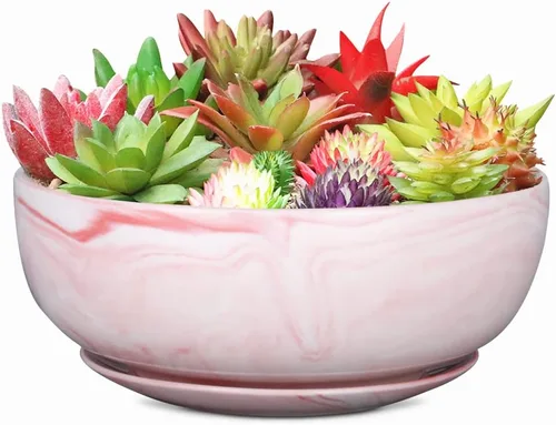 Miniatura 11 de G EPGardening Macetas Bonsai, Maceta de Cerámica de 8 Pulgadas con Patrón de Mármol y Orificio de Drenaje y Platillo para Plantas, Maceta Grande