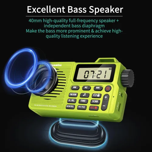 Miniatura 3 de Radio AM/FM portátil, grabadora de radio digital, altavoz Bluetooth 5.0, función de alarma y sueño, pantalla de hora de 12/24 horas (amarillo verde)