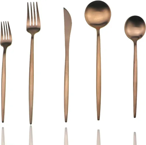 JASHII Juego de cubiertos de acero inoxidable 18/10 de 20 piezas, color oro rosa mate, tenedor, tenedor de ensalada, cuchara de postre, servicio