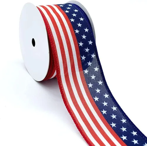 Miniatura 3 de Cintas patrióticas de bandera de Estados Unidos de 2.5 pulgadas x 10 yardas, cinta de arpillera con borde con alambre de estrellas y rayas