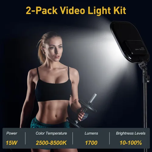 Miniatura 2 de Paquete de 2 luces LED de video, luz de estudio de 15 W, temperatura de color de 2500-8500 K con soporte de trípode y soporte para teléfono