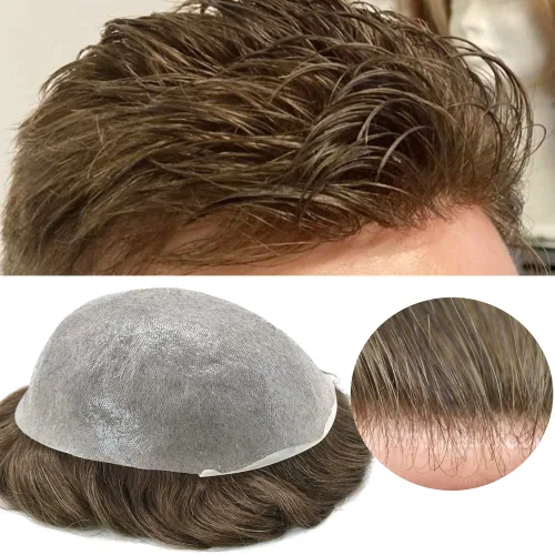 Miniatura 47 de Tupé para hombre, extensiones de cabello humano Remy para hombre, piel fina, 0.002 in, sistema de reemplazo de cabello con bucle en V para hombres