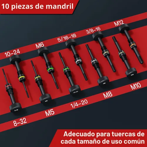 Miniatura 5 de TOLRET Kit de Herramienta para Tuerca Remachable Kit de Tuerca Remachable, Kit de Herramienta Rivnut con 10 Mandriles Métricos y SAE, Kit Surtido