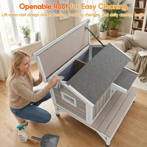 Miniatura 7 de PetsCosset Casa para gatos al aire libre, refugio de madera para gatos con interior de tela rascadora incorporada, diseño de 2 pisos resistente a
