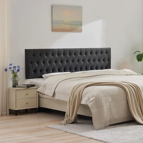 Miniatura 18 de Kingfun Cabeceras con diseño moderno de botones, cabecera de cama tapizada y acolchada de tela de lino premium, cabecera de madera maciza ajustable