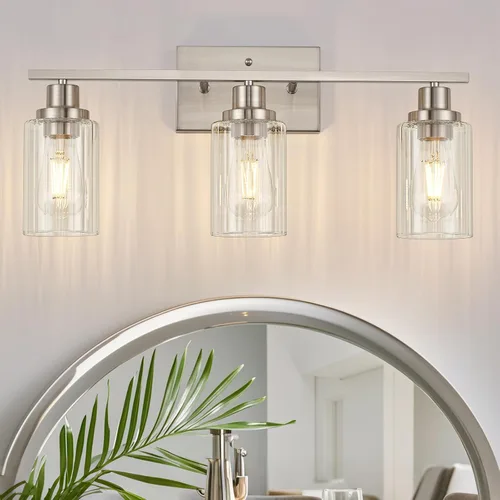 Miniatura 11 de Jonsi Accesorios de iluminación de baño dorados, 2 luces de tocador de oro cepillado con pantalla de vidrio estriada, luces modernas sobre espejo