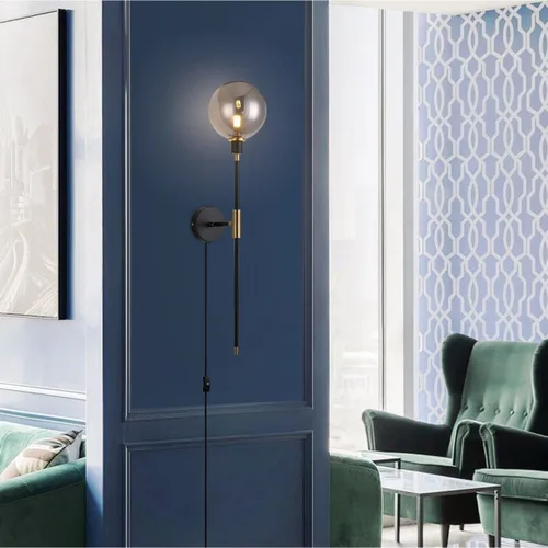 Miniatura 3 de KCO Apliques de pared con enchufe de 1 luz, cable de interruptor de encendido/apagado, lámpara de pared moderna negra con brazo largo de globo