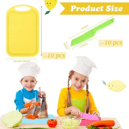 Miniatura 2 de Yinkin Juego de 20 cuchillos de plástico para niños con tabla de cortar, incluye 10 cuchillos seguros para niños, 10 tablas de cortar utensilios