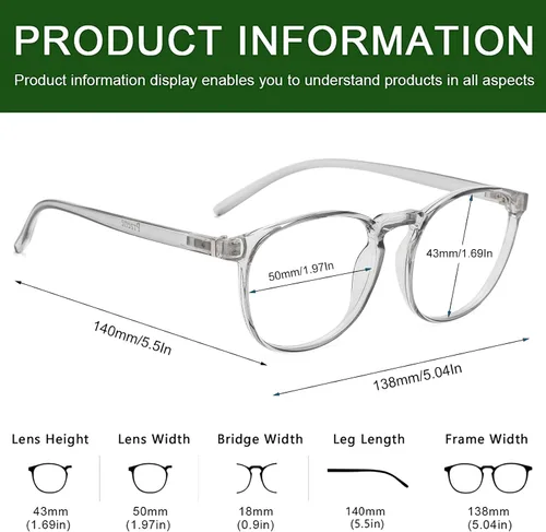 Miniatura 3 de Przene Gafas redondas con bloqueo de luz azul para mujeres y hombres, negro/cristal/gris Lightweight TR Frame,Retro Round,Computer Mobile Phone